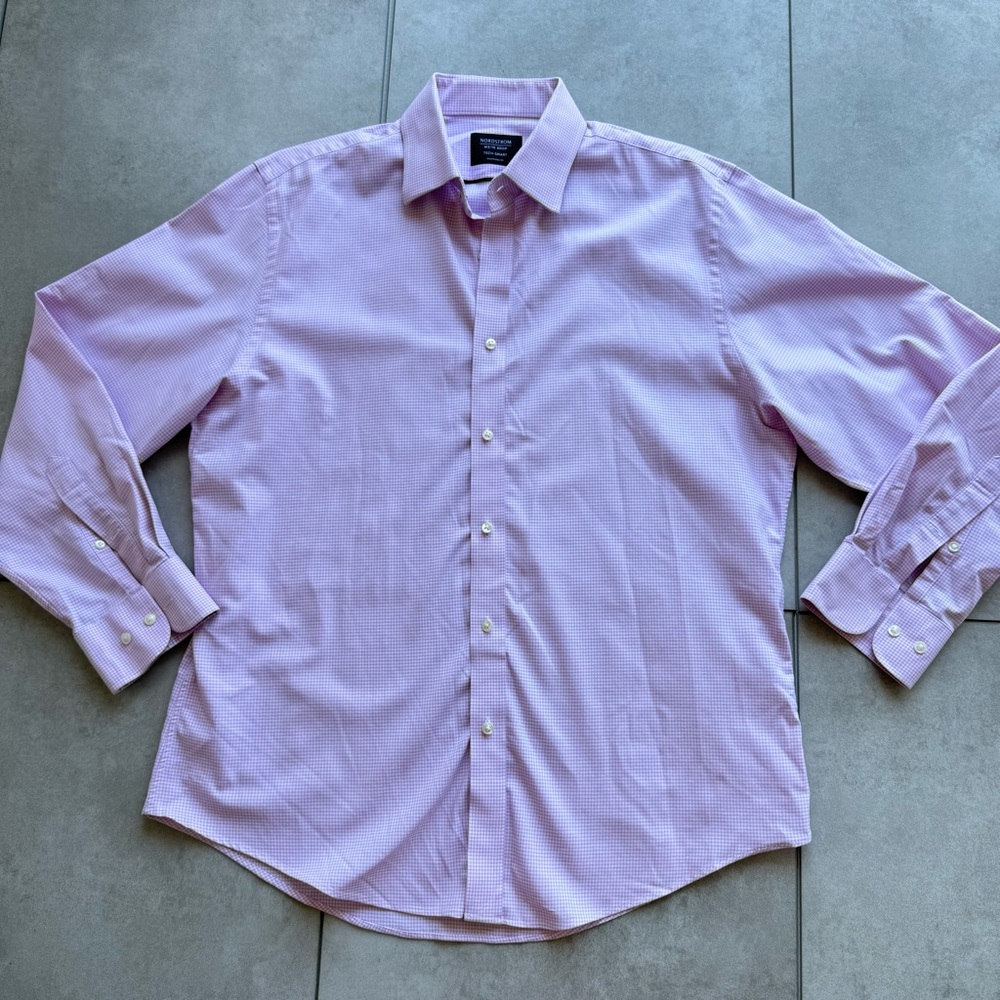 Nordstrom Tech Smart Shirt SZ 15 1/2 Light Purple Gingham Traditional Fit career